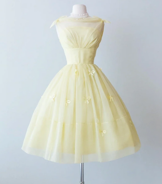 Elegant Light Yellow Sleeveless Sheer Neck Bows Ruched Tulle A Line Midi Homecoming Dress AS1473