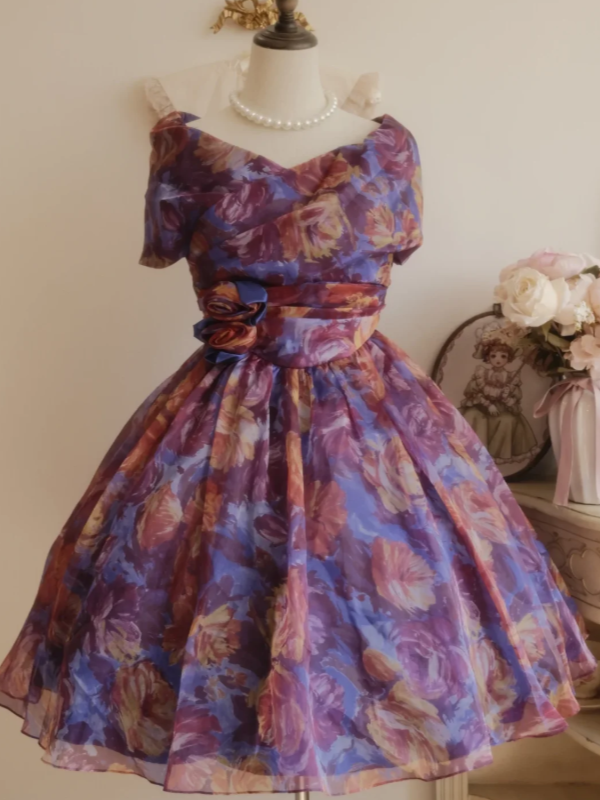 Elegant Vintage Purple Floral Off The Shoulder Wrap Bodice Waist Flower A-Line Short Homecoming Dress AS1474