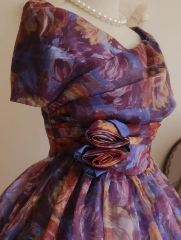 Elegant Vintage Purple Floral Off The Shoulder Wrap Bodice Waist Flower A-Line Short Homecoming Dress AS1474