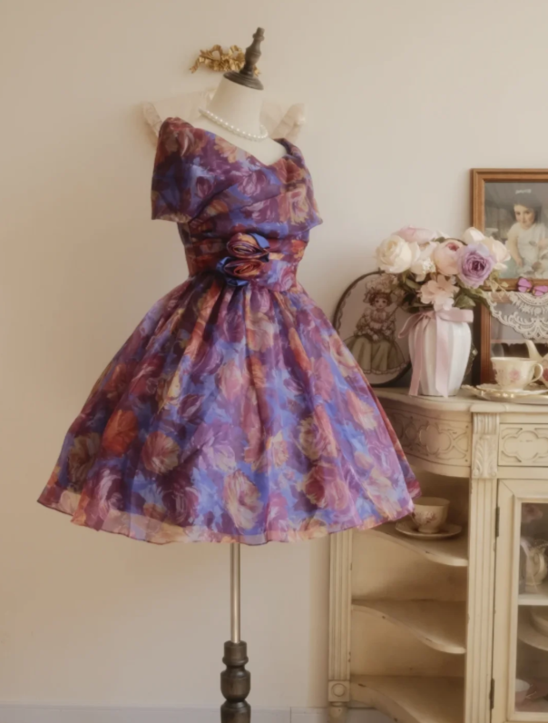 Elegant Vintage Purple Floral Off The Shoulder Wrap Bodice Waist Flower A-Line Short Homecoming Dress AS1474