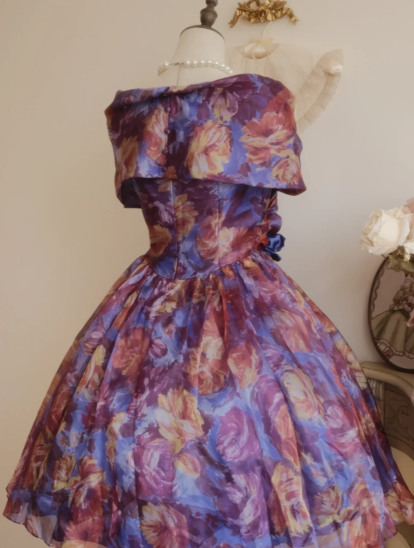 Elegant Vintage Purple Floral Off The Shoulder Wrap Bodice Waist Flower A-Line Short Homecoming Dress AS1474