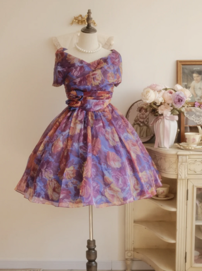 Elegant Vintage Purple Floral Off The Shoulder Wrap Bodice Waist Flower A-Line Short Homecoming Dress AS1474