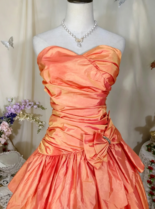 Chic Orange Strapless Sweetheart Neck Ruched Rhinestone Bow A Line Short Homecoming Dress AS1475