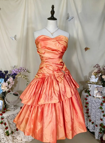 Chic Orange Strapless Sweetheart Neck Ruched Rhinestone Bow A Line Short Homecoming Dress AS1475