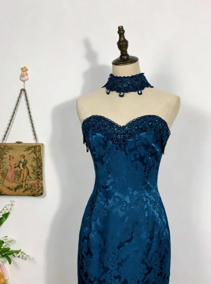 Vintage Royal Blue Strapless Sweetheart Lace Trim Jacquard Bodycon Short Homecoming Dress AS1476