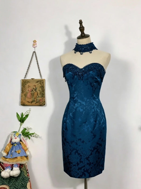 Vintage Royal Blue Strapless Sweetheart Lace Trim Jacquard Bodycon Short Homecoming Dress AS1476