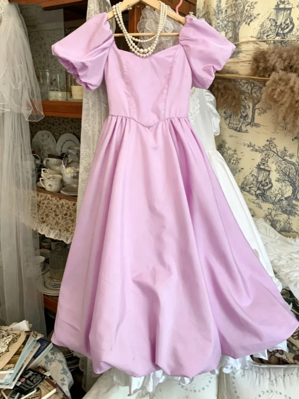 Chic Lavender Square Neck Short Puff Sleeve Satin A Line Voluminous Midi Homecoming Dress AS1477