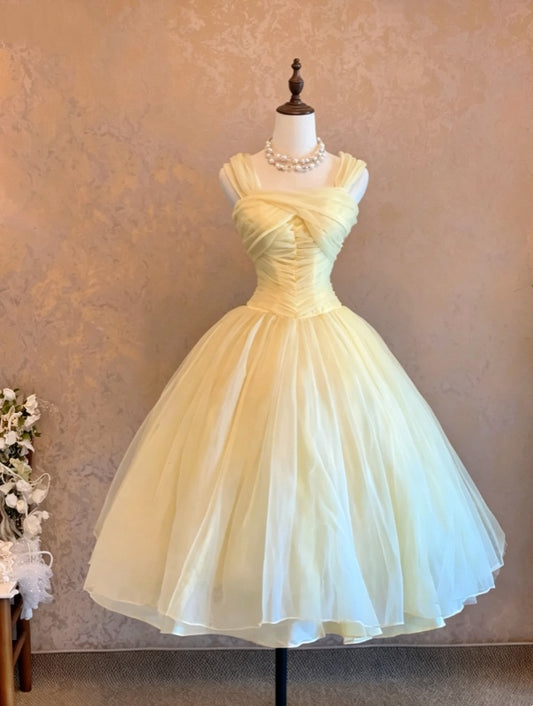 Elegant Light Yellow Strap Twist Ruched Bodice Voluminous Tulle A Line Midi Homecoming Dress AS1479
