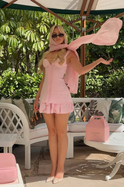 Pink Sweetheart Corset Mini Dress With Button Front And Ruffle Hem AS148