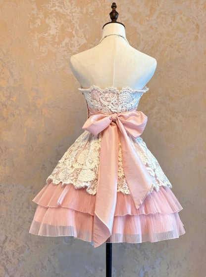 Romantic Pink Strapless White Floral Lace Runched Satin Waist Sash Tiered Tulle A Line Short Homecoming Dress AS1480