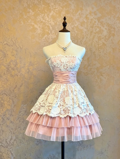 Romantic Pink Strapless White Floral Lace Runched Satin Waist Sash Tiered Tulle A Line Short Homecoming Dress AS1480