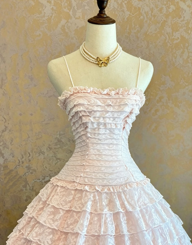 Chic Light Pink Spaghetti Strap Ruffled Trim Multi Tiered Midi A Line homecoming Dress AS1481