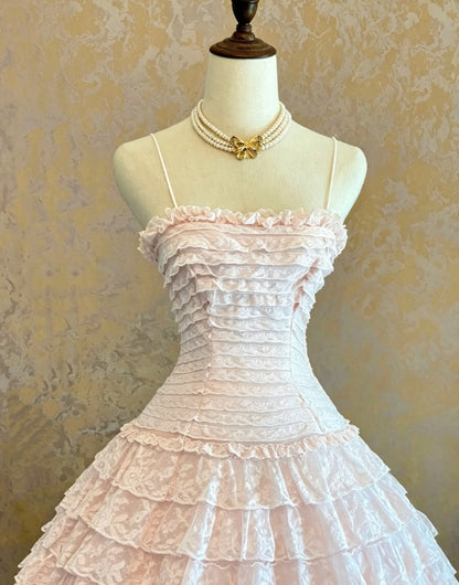 Chic Light Pink Spaghetti Strap Ruffled Trim Multi Tiered Midi A Line homecoming Dress AS1481