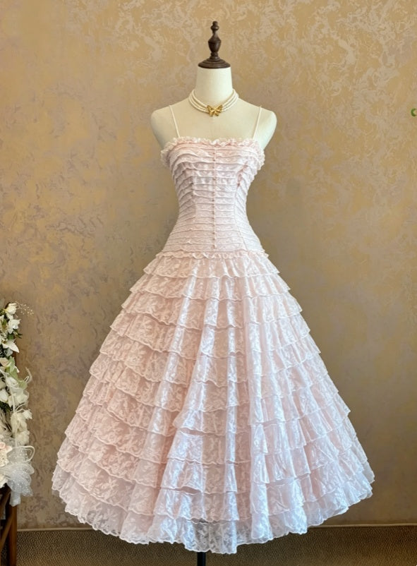 Chic Light Pink Spaghetti Strap Ruffled Trim Multi Tiered Midi A Line homecoming Dress AS1481