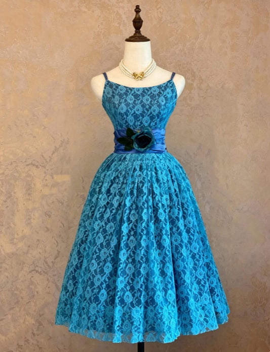 Chic Turquoise Spaghetti Strap Floral Lace Satin Floral Waist Sash A-Line Midi Homecoming Dress AS1482