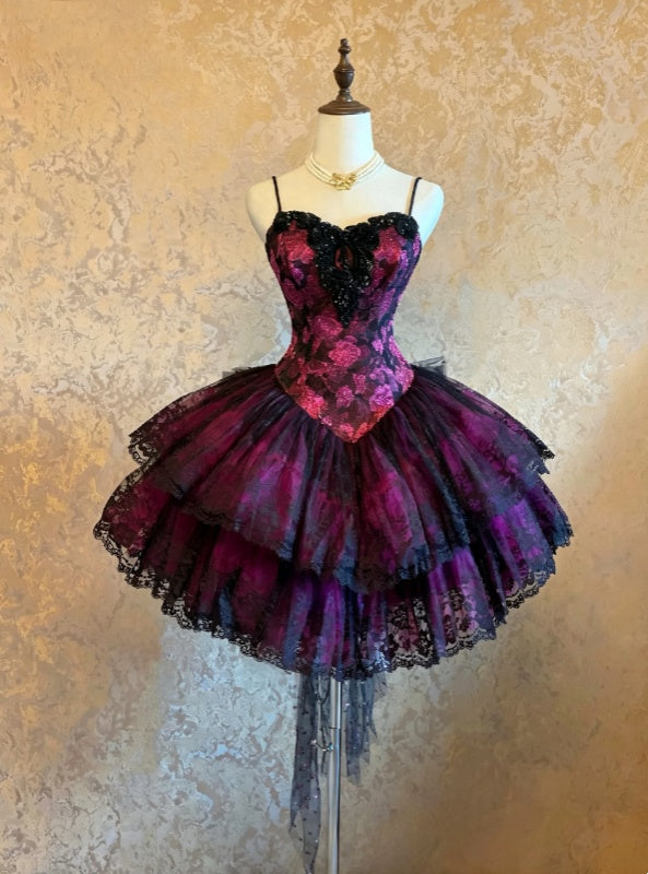 Edgy Magenta Purple Spaghetti Strap Sweetheart Floral Lace Corset Black Bow Tiered Lace A Line Tutu Short Homecoming Dress AS1484