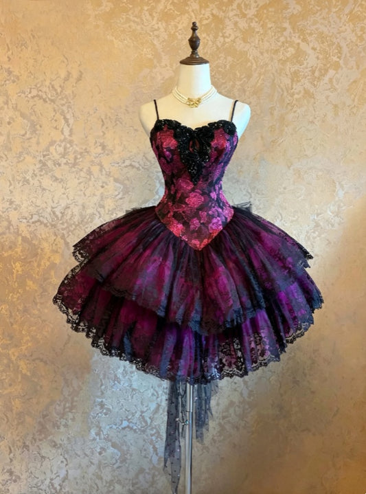 Edgy Magenta Purple Spaghetti Strap Sweetheart Floral Lace Corset Black Bow Tiered Lace A Line Tutu Short Homecoming Dress AS1484