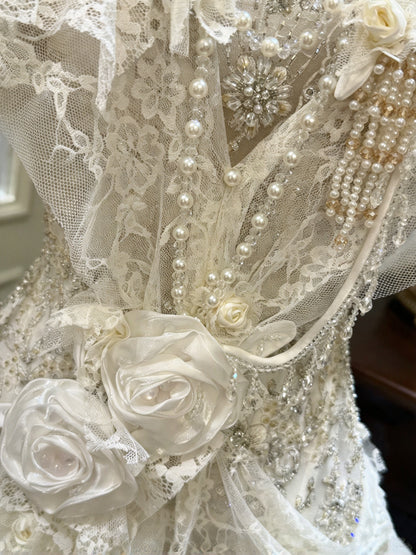 Luxury Ivory Strapless 3D Rose Lace Beaded Ruffled Ball Gown Long Prom Dress Wedding Dress AD1485