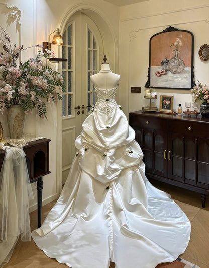 Elegant Ivory Strapless 3D Rose Beaded Ruffled Ball Gown Long Prom Dress Wedding Dress AD1486