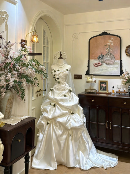 Elegant Ivory Strapless 3D Rose Beaded Ruffled Ball Gown Long Prom Dress Wedding Dress AD1486