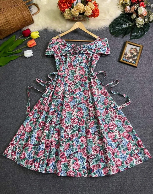 Romantic Dark Floral Off Shoulder Twist Front A Line Midi Homecoming Dress AS1486