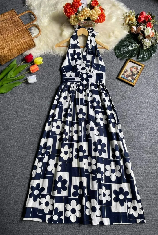 Elegant Navy White Floral Halter V Neck A Line Midi Homecoming Dress AS1487