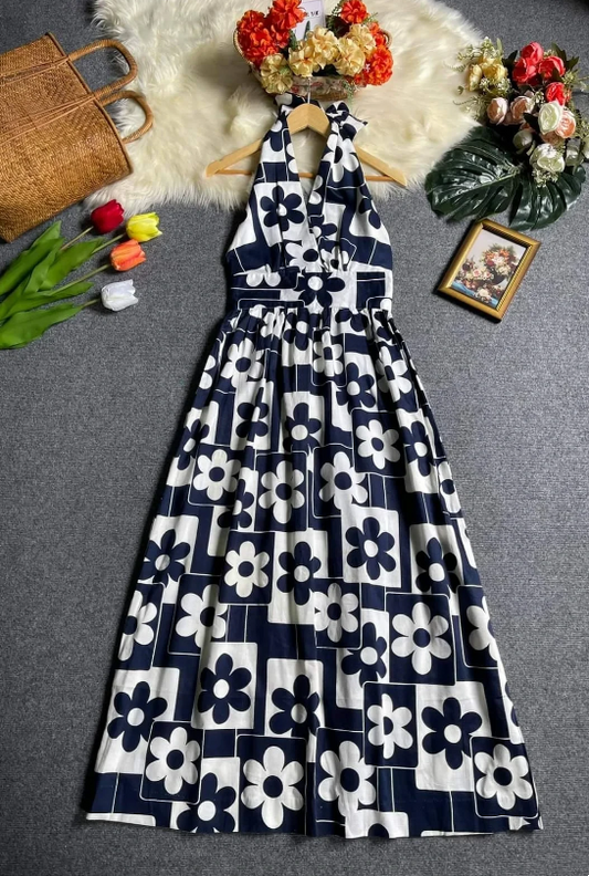 Elegant Navy White Floral Halter V Neck A Line Midi Homecoming Dress AS1487