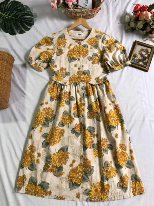 Vintage Ivory Yellow Hydrangea Print Round Neck Puff Short Sleeve A Line Midi Homecoming Dress AS1488