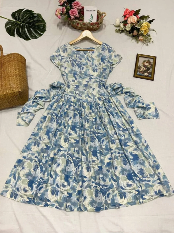Romantic Watercolor Blue Print V Neck Cap Sleeve Waist Self Tie A Line Midi Homecoming Dress AS1489