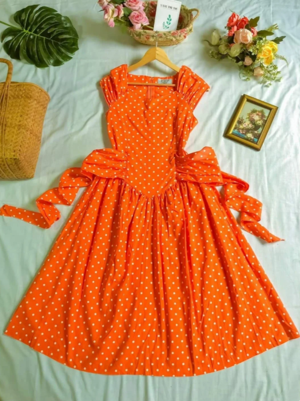 Vibrant Orange White Polka Dot Square Neck Cap Sleeve Waist Self Tie A Line Midi Homecoming Dress AS1492