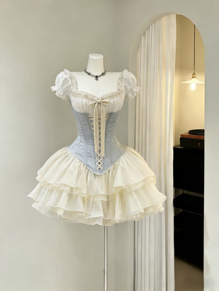 Sweet Light Blue Corset Bow Square Neck Short Puff Sleeve White Ruffle Tiered A Line Short Homecoming Dress AS1493