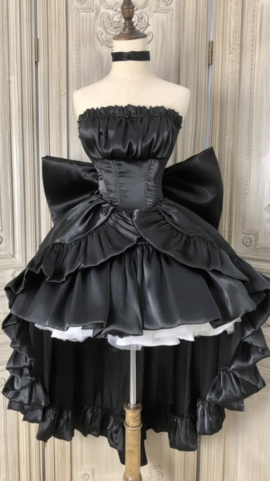 Chic Black Satin Strapless Ruffle Corset High Low Tiered Skirt A Line Short Homecoming Dress With Big Back Bow AS1495