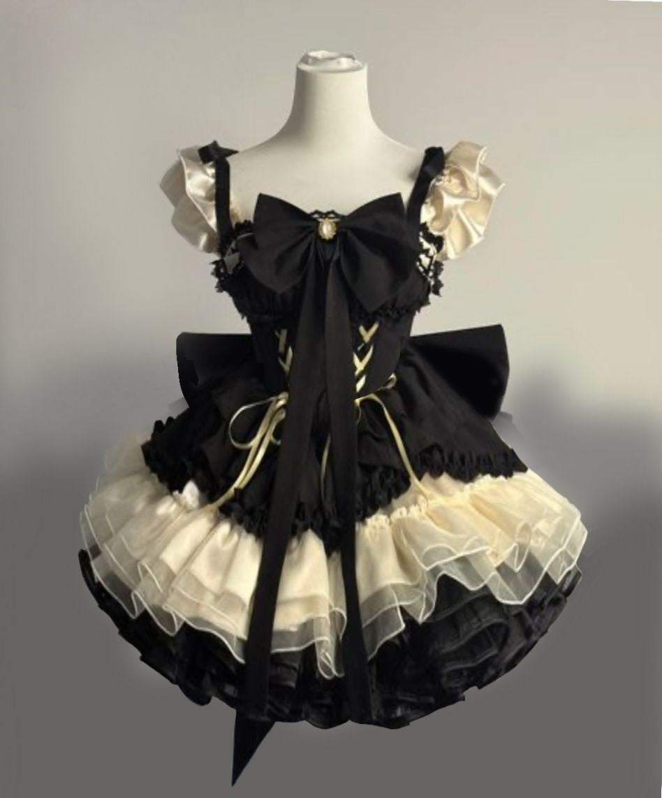 Sweet Black Ivory Ruffle Strap Lace up Big Bow Tiered Ruffle A Line Short Homecoming Dress AS1497