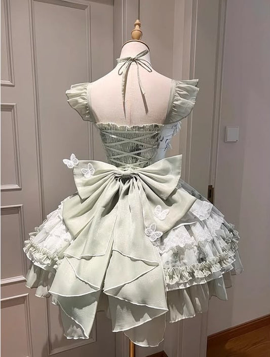 Fresh Light Green Flutter Strap Butterfly Lace Bow A Line Tiered Ruffle Short Homecoming Dress AS1499