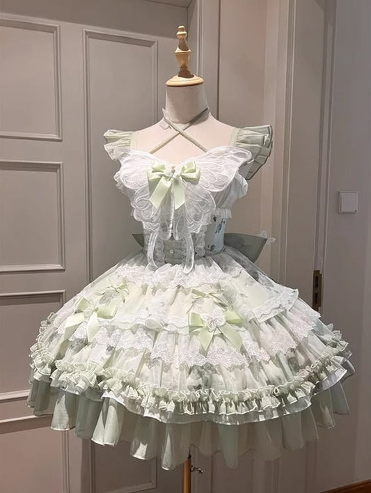 Fresh Light Green Flutter Strap Butterfly Lace Bow A Line Tiered Ruffle Short Homecoming Dress AS1499