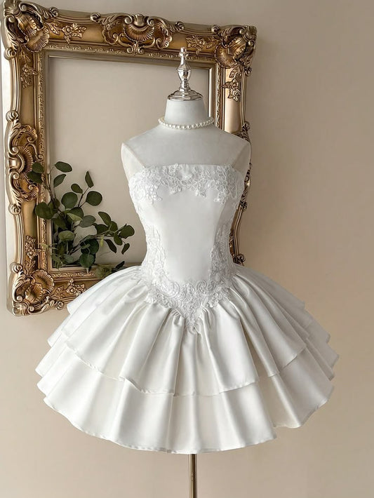 Elegant White Strapless Lace Applique Satin Tiered Ruffle A Line Short Homecoming Dress AS1500