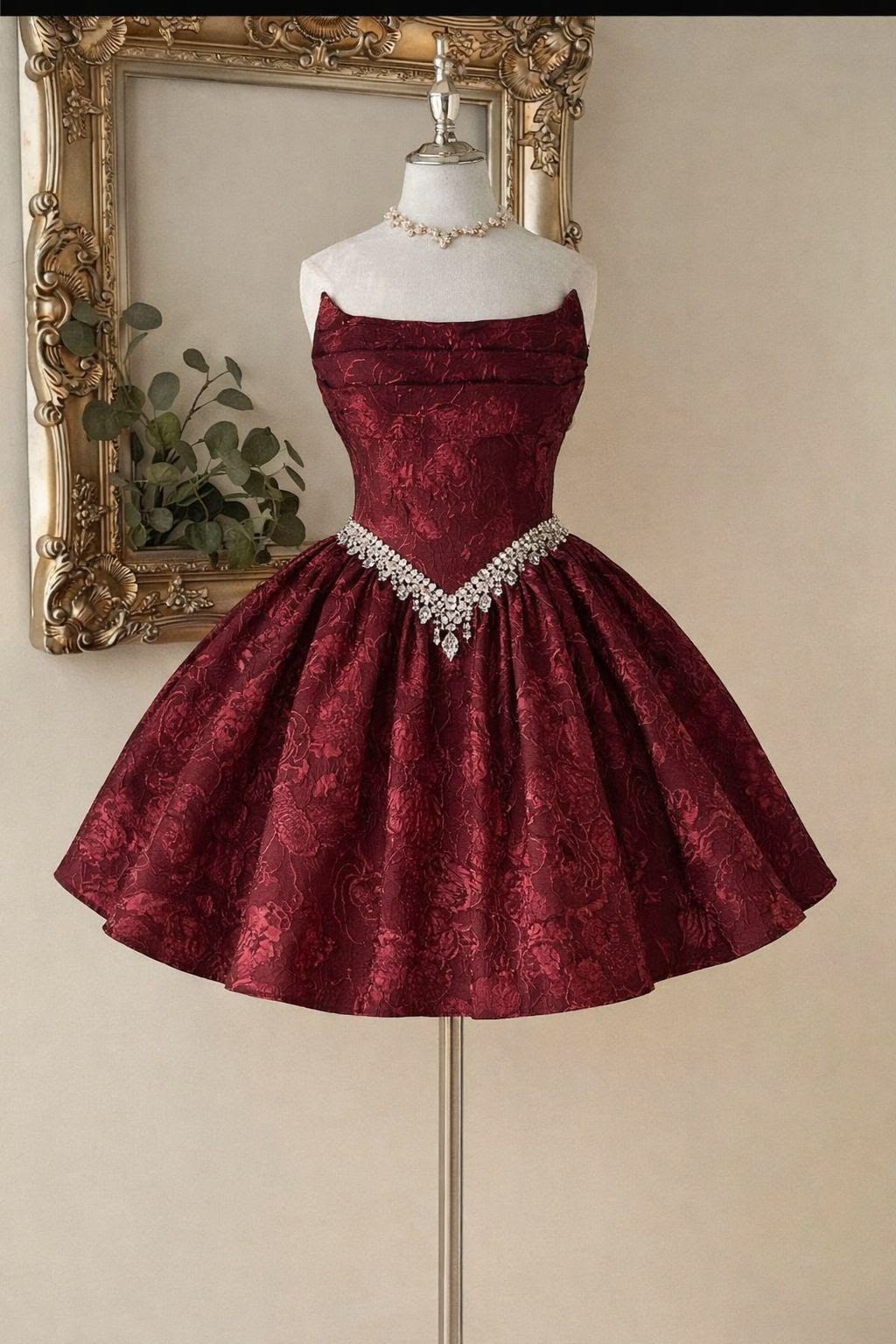 Luxurious Burgundy Strapless Ruched Floral Jacquard Rhinestone Waist A-Line Short Homecoming Dress AS1501