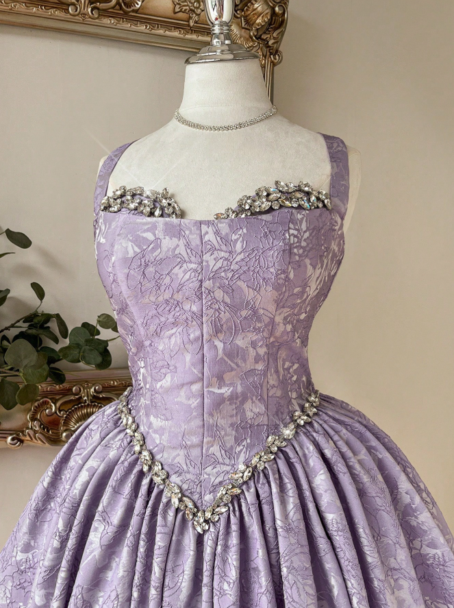 Dreamy Lavender Strap Rhinestone Sweetheart Neck Waist Floral Jacquard A-Line Short Homecoming Dress AS1502