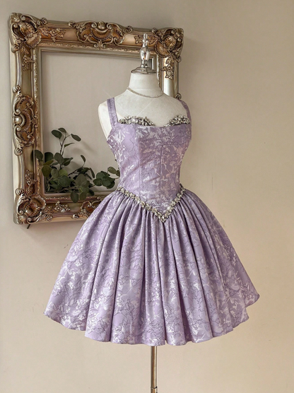 Dreamy Lavender Strap Rhinestone Sweetheart Neck Waist Floral Jacquard A-Line Short Homecoming Dress AS1502