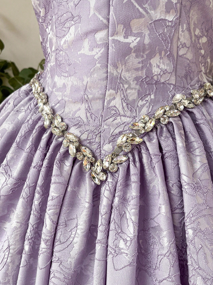 Dreamy Lavender Strap Rhinestone Sweetheart Neck Waist Floral Jacquard A-Line Short Homecoming Dress AS1502