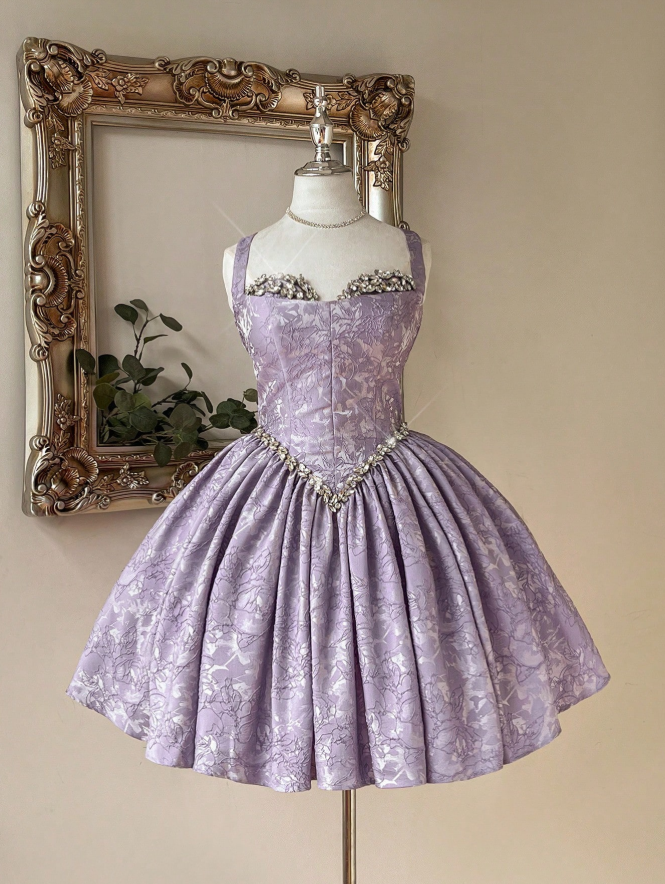 Dreamy Lavender Strap Rhinestone Sweetheart Neck Waist Floral Jacquard A-Line Short Homecoming Dress AS1502