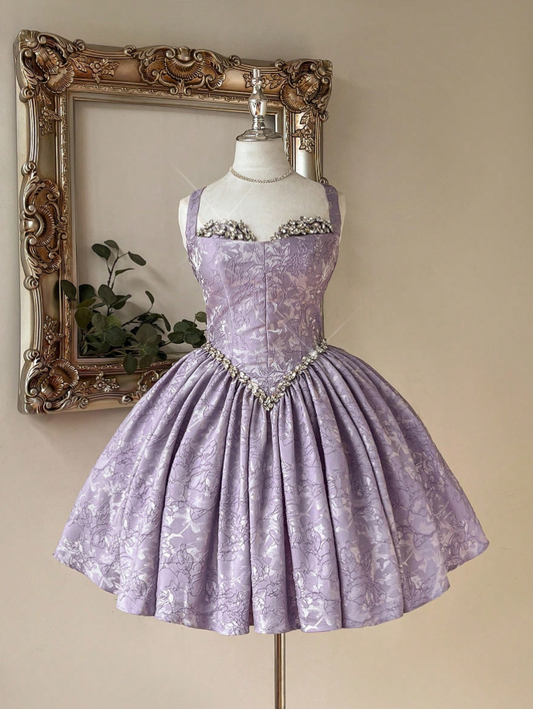 Dreamy Lavender Strap Rhinestone Sweetheart Neck Waist Floral Jacquard A-Line Short Homecoming Dress AS1502