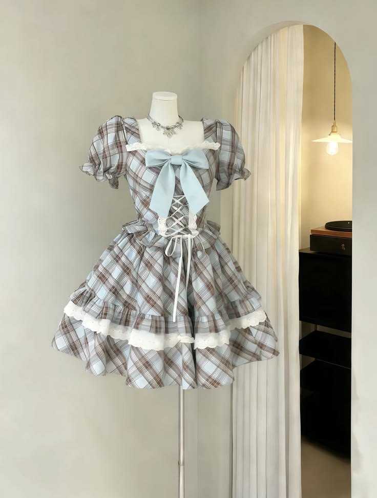 Sweet Blue Brown Plaid Puff Sleeve Square Neck Lace Up Big Bow A Line Short Homecoming Dress AS1503