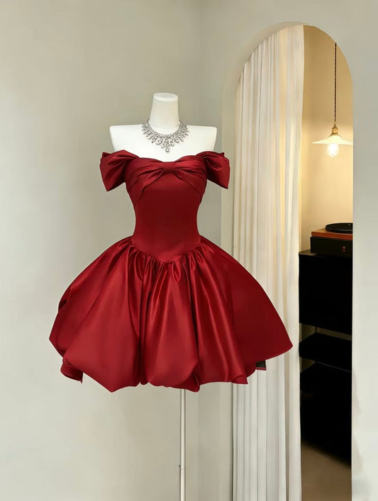 Glam Red Off Shoulder Satin A Line Puffy Short Homecoming Dress AS1505