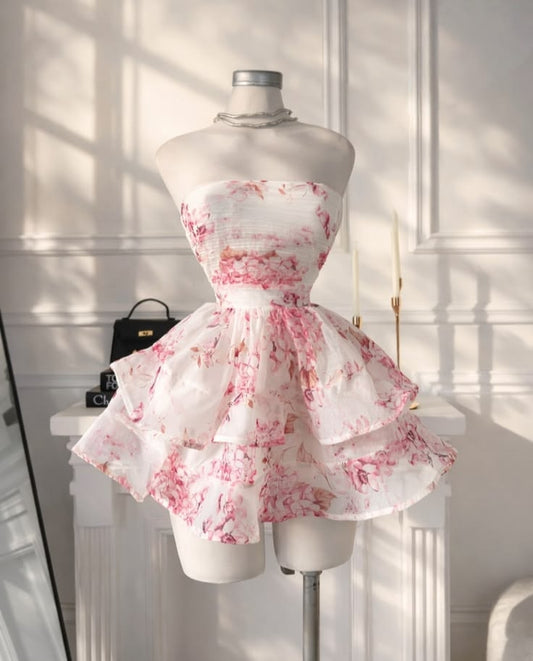 Dainty White Pink Floral Print Strapless A Line Short Homecoming Dress AS1506