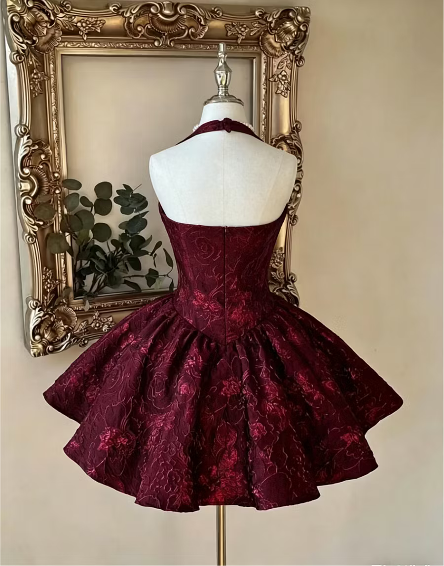 Chic Burgundy Halter Floral Jacquard A-Line Short Homecoming Dress AS1507