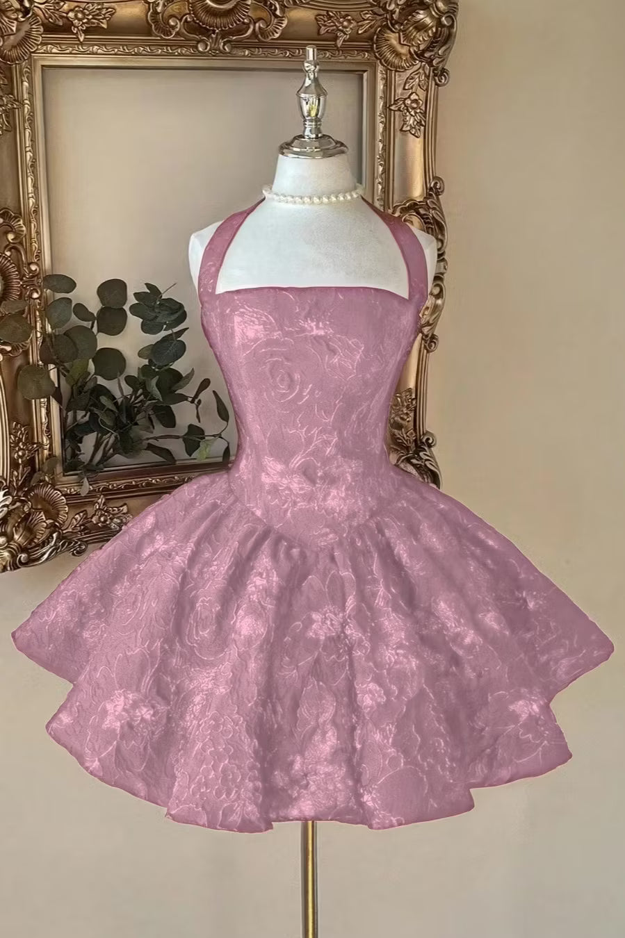 Chic Burgundy Halter Floral Jacquard A-Line Short Homecoming Dress AS1507