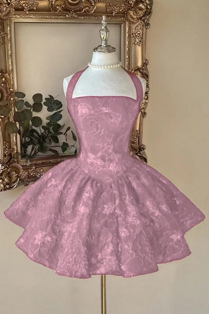 Chic Burgundy Halter Floral Jacquard A-Line Short Homecoming Dress AS1507