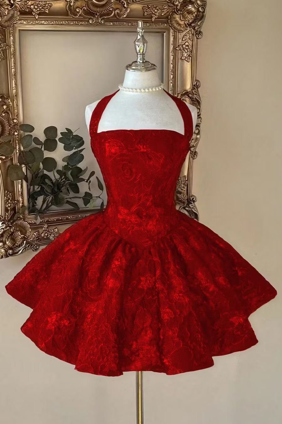 Chic Burgundy Halter Floral Jacquard A-Line Short Homecoming Dress AS1507