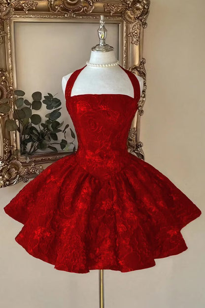 Chic Burgundy Halter Floral Jacquard A-Line Short Homecoming Dress AS1507